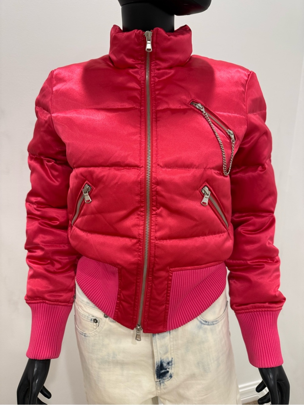 Express Satin Puffer Jacket Pink Red Chain Zip Detail Size M NEW